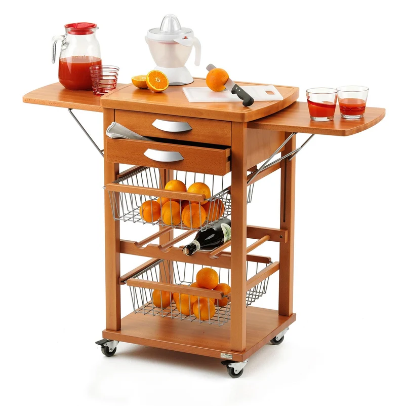 ARIT - Carrello cucina SANTIAGO, Carrello cucina legno, Area con piano di lavoro in faggio massiccio e ripiani laterali apribili, Ciliegio