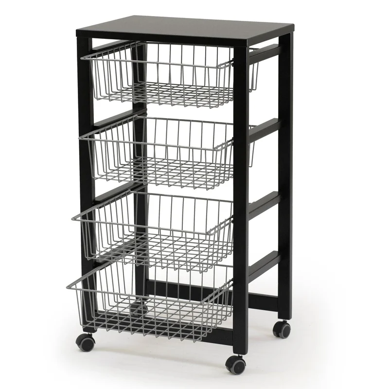ARIT - Carrello cucina GINGERONE, Carrello cucina legno con piano di lavoro in melamina, Carrello cucina salvaspazio 4 cestelli scorrevoli, Nero