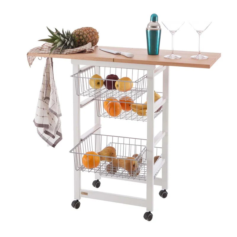 ARIT - Carrello cucina GASTONCINO, Carrello cucina legno, con piano di lavoro apribile (da 48 a 96 cm) in faggio massiccio - Colore laccato bianco