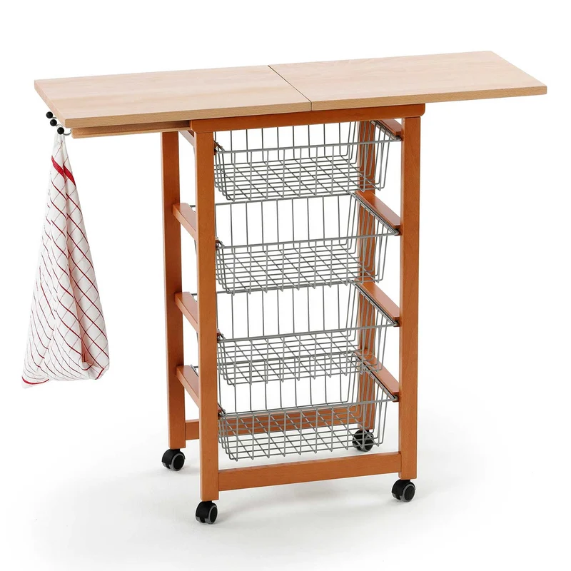 ARIT - Carrello cucina GASTONCINO, Carrello cucina legno, con piano di lavoro apribile (da 48 a 96 cm) in faggio massiccio - Colore ciliegio