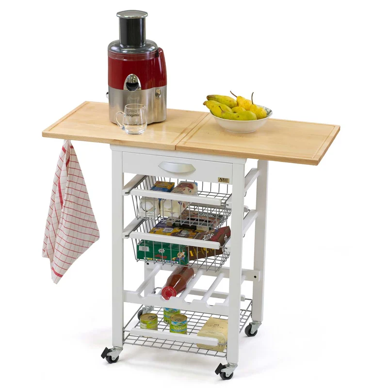 ARIT - Carrello cucina GASTONE, Carrello cucina legno, Area attrezzata con piano di lavoro apribile (da 50 a 100 cm) in faggio massiccio - Bianco
