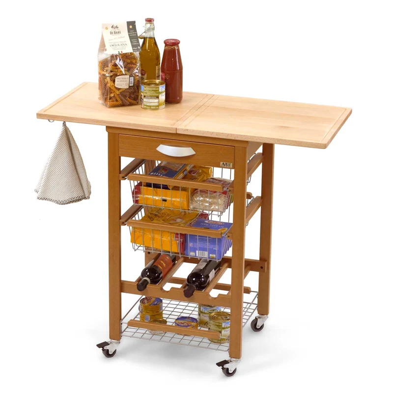 ARIT - Carrello cucina GASTONE, Carrello cucina legno, Area attrezzata con piano di lavoro apribile (da 50 a 100 cm) in faggio massiccio - Ciliegio
