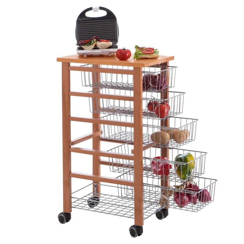 ARIT - Carrello cucina OLIVER, Carrello cucina legno, con piano di lavoro in nobilitato, 5 cestelli scorrevoli, Carrello cucina salvaspazio, Ciliegio