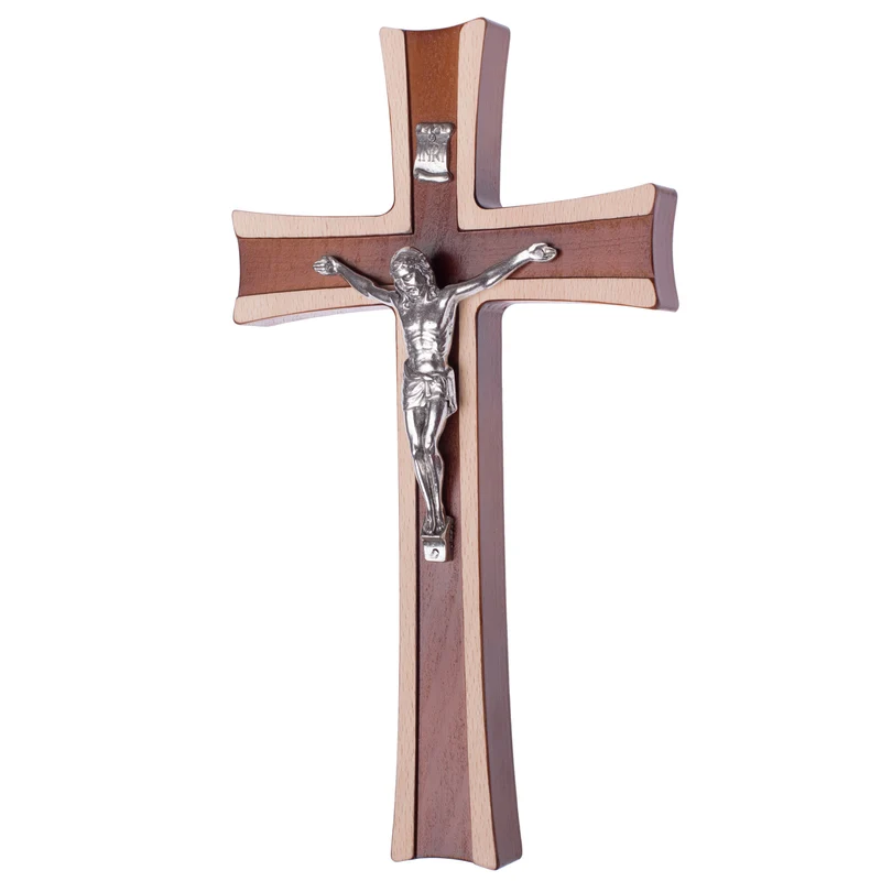 Croce pendente in legno bicolore con striscia, colore marrone 22x12x1,6 cm