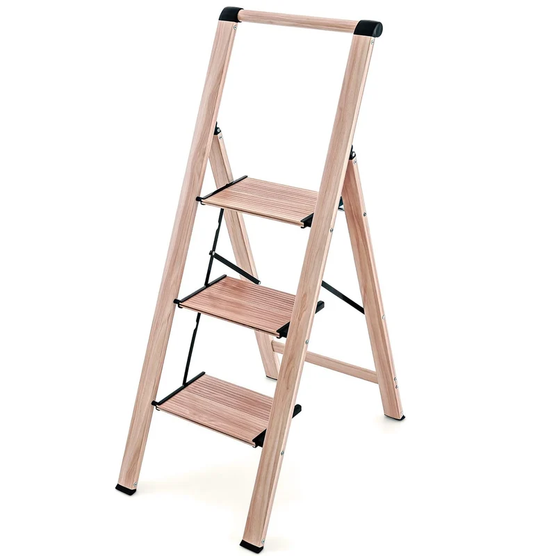 Tatkraft Up - Scaletta pieghevole, 3 gradini antiscivolo, in alluminio, in texture di cenere legno scandinavo, Portata - 150 kg