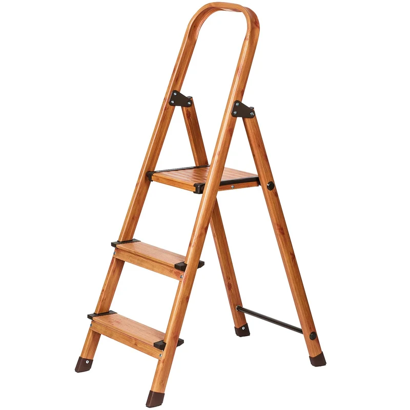 Tatkraft Upgrade 3 - Scaletta pieghevole, 3 gradini, antiscivolo, in alluminio in texture di "Legno scandinavo", può portare fino a 150 kg