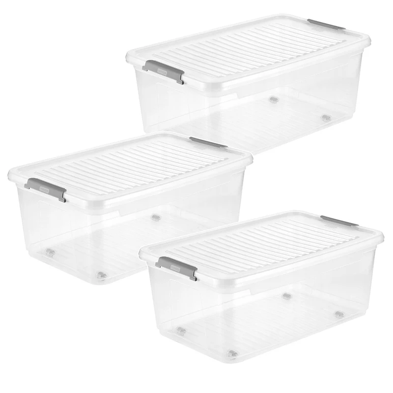 Contenitore con coperchio Leo Keeeper, capacità 37 L, trasparente, dotato di rotelle, coperchio con chiusura a clip, 3 pezzi