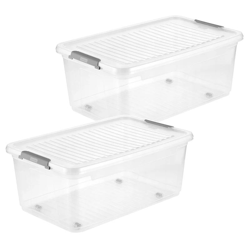 Contenitore con coperchio Leo Keeeper, capacità 37 L, trasparente, dotato di rotelle, coperchio con chiusura a clip, 2 pezzi