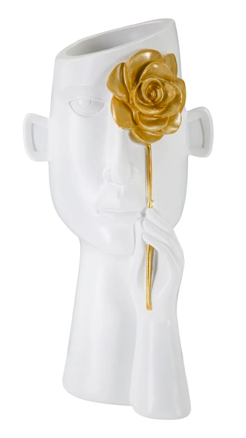 Vaso Face con Fiore 14x13x27 cm in Poliestere Bianco e Oro