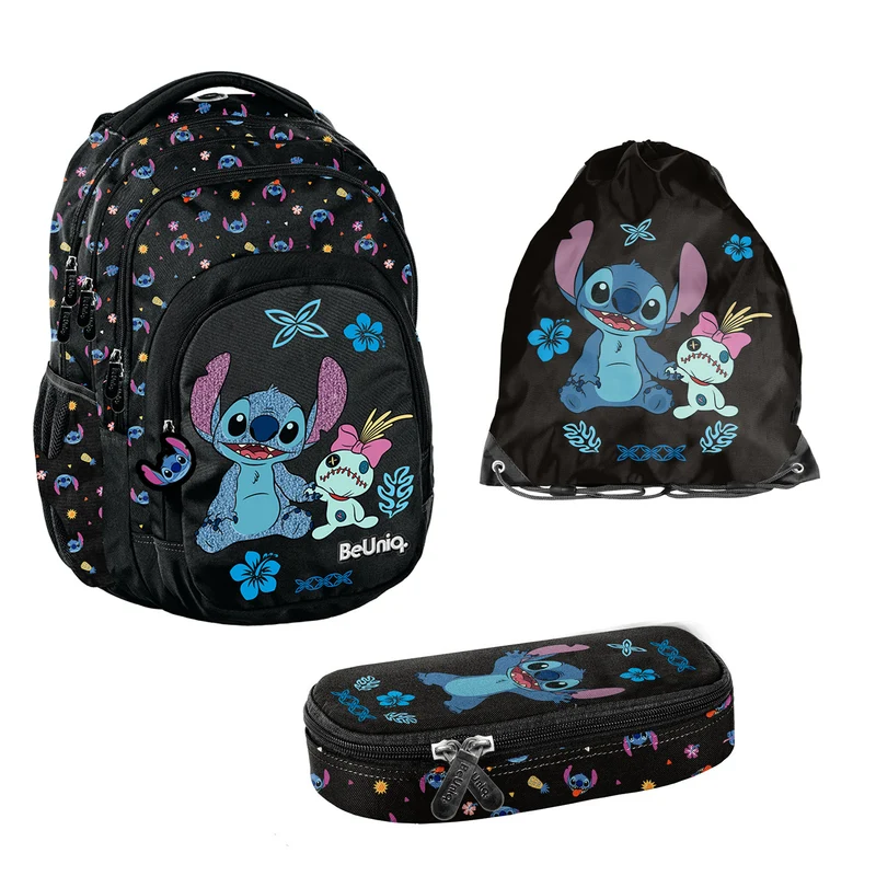 Set scolastico Stitch Paso, zaino con tre scomparti, tasca per laptop e fondo rinforzato, astuccio con elastici per gli strumenti di scrittura, sacca per scarpe da agganciare allo zaino, DS26MM