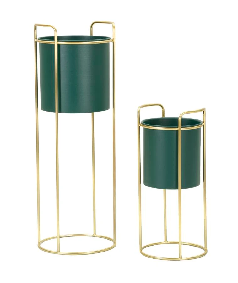 Porta Vasi Grent Slim Set 2 Pz Ø24x70 cm - Ø19,5x45 cm in Ferro Verde e Oro
