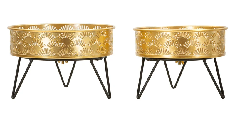 Porta Vasi Zanny Coppia Ø20,5x13 cm - Ø18x13 cm in Ferro Nero e Oro