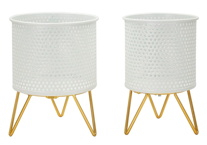 Porta Vasi Gaspy Coppia Ø16x20 cm - Ø13x20 cm in Ferro Oro e Bianco