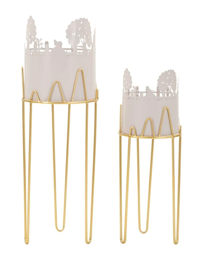 Porta Vasi Tree Coppia Ø27x79 cm in Metallo Grigio e Oro