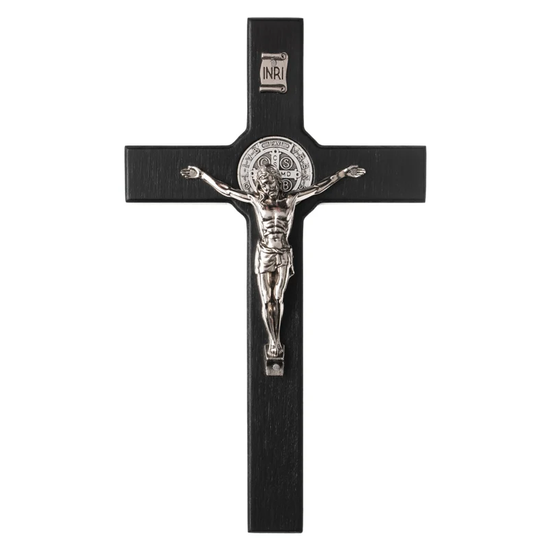 Croce di San Benedetto in legno appesa con pasqua, colore nero 28x16x1,8cm