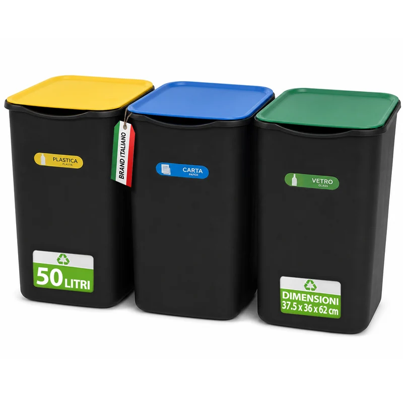 Set 3 Pattumiere 37,5x36x62 cm Bidoni Raccolta Differenziata Spazzatura Capienza da 50 L in Plastica Nero