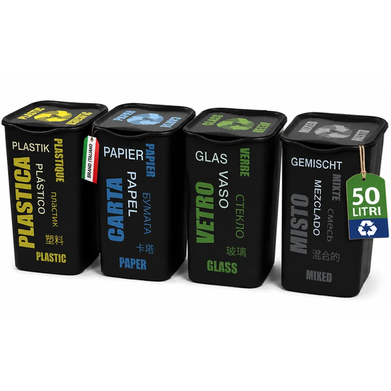 Set 4 Pattumiere per Raccolta Differenziata 37,5x36x53,5 cm Bidone da 50 Litri in Plastica Nero