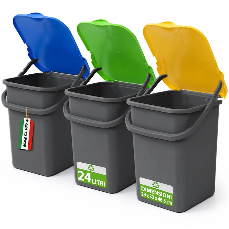Set 3 Pattumiere Bidoni 32x29x46,5cm Premi Plus 24L Apertura Push Raccolta Differenziata in Plastica Grigio