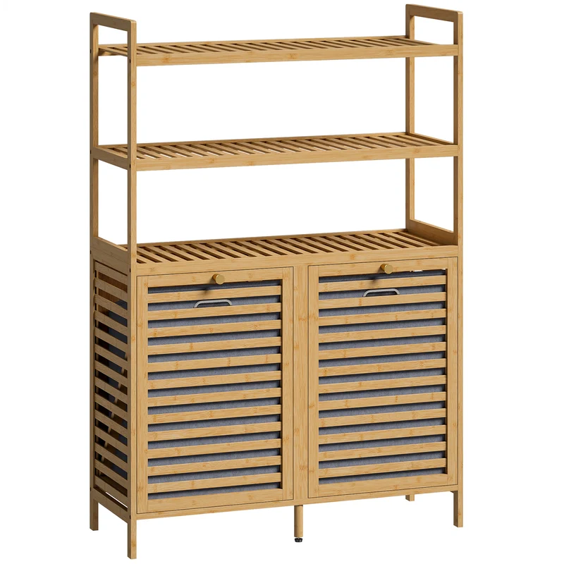 Mobile Porta Biancheria Doppio 80x30x118 cm Inclinabile 2 Cesti 3 Ripiani in Bambù Colore Rovere
