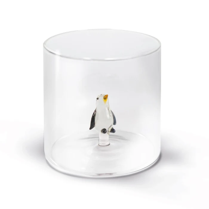 Bicchiere in vetro borosilicato con soggetto in vetro, decoro pinguino
