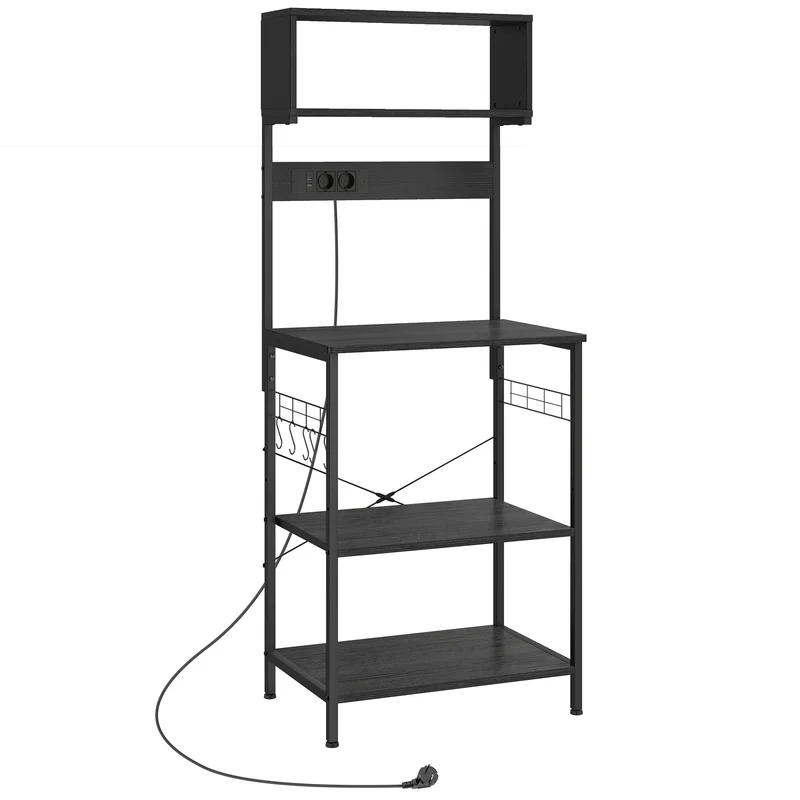 Scaffale da Cucina 60x42x153 cm con Multipresa per Microonde con Ripiani e Ganci Stile Industriale Legno e Acciaio Nero