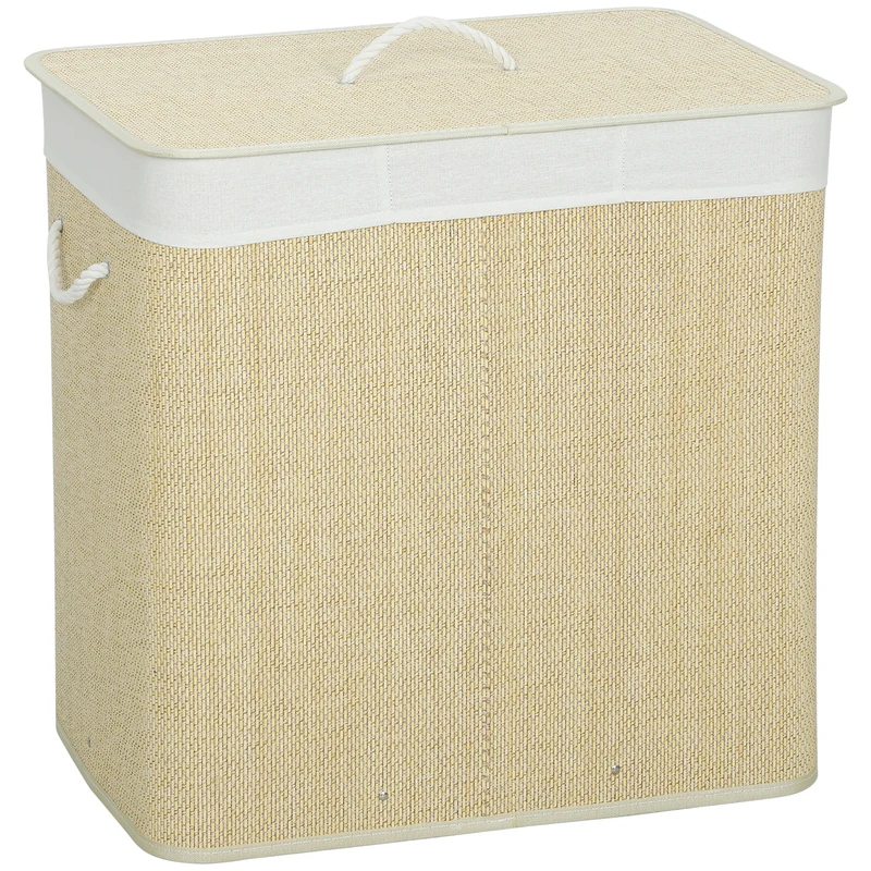 Cesto Portabiancheria 60x40x60 cm con Coperchio 3 Scomparti 144L con Sacca Removibile e Lavabile in Bambù Crema