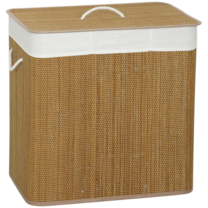 Cesto Portabiancheria 60x40x60 cm con Coperchio 3 Scomparti 144L con Sacca Removibile e Lavabile in Bambù Marrone