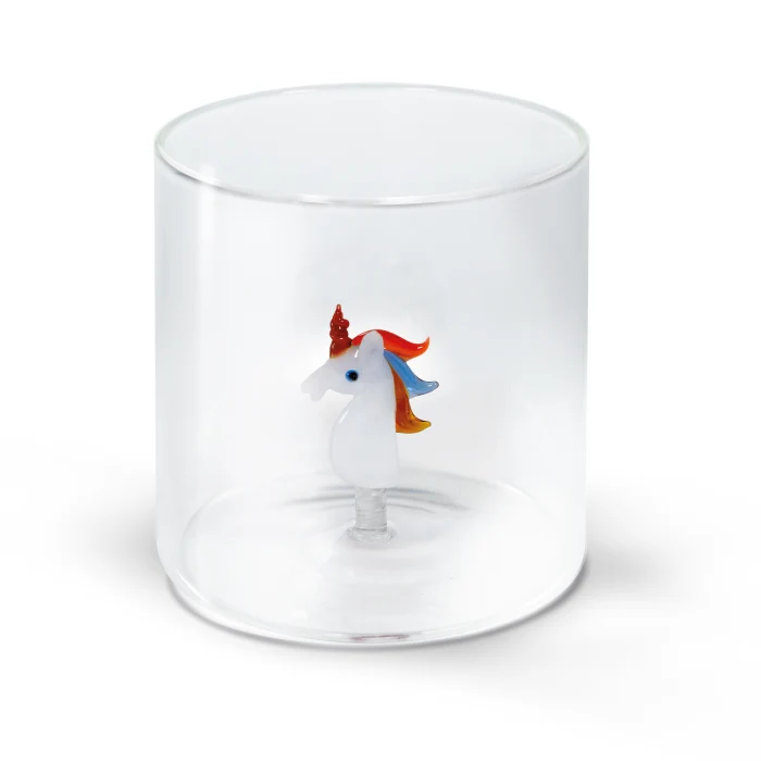Bicchiere in vetro borosilicato 250 ml. Decoro UNICORNO.