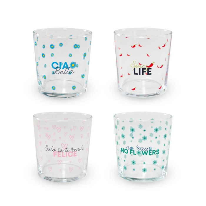 Set 4 bicchieri in vetro decorati 300 ml. Decoro SCRITTE.