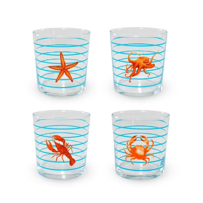 Set 4 bicchieri in vetro decorati 300 ml. Decoro MARE AZZURRO.