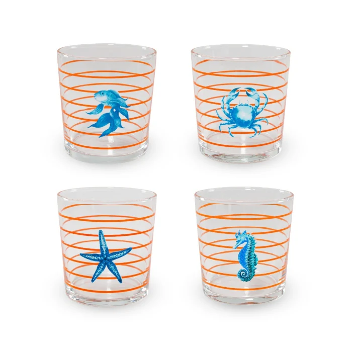 Set 4 bicchieri in vetro decorati 300 ml. Decoro MARE ARANCIONE.