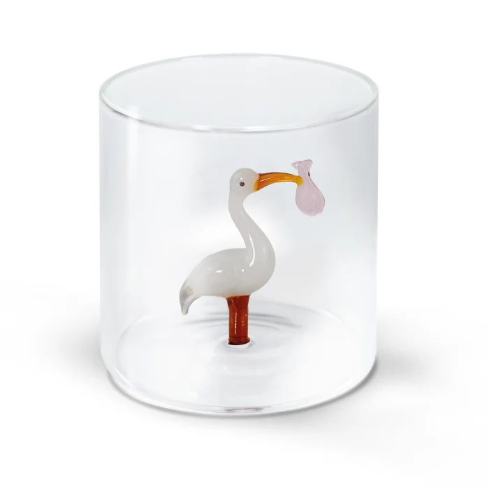 Bicchiere in vetro borosilicato 250 ml. Decoro CICOGNA FAGOTTO ROSA.