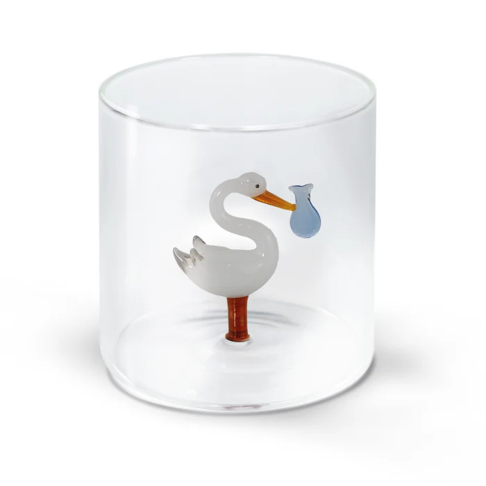 Bicchiere in vetro borosilicato 250 ml. Decoro CICOGNA FAGOTTO BLU.