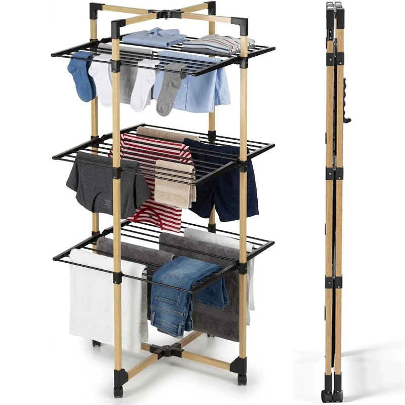 Stendibiancheria a Torre Verticale a 3 Livelli 69x69x136 cm Pieghevole con Ruote Nero e Legno