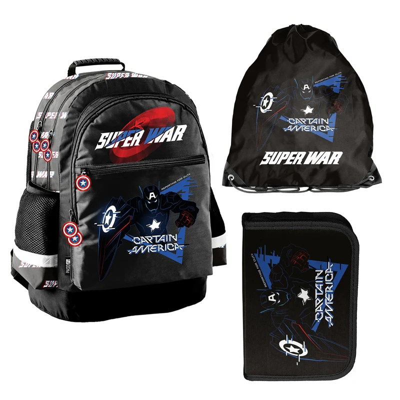 Set scolastico Captain America Paso, zaino a due scomparti con elementi riflettenti e schienale rinforzato, astuccio vuoto con tasche per gli strumenti, sacca porta scarpe indossabile sulla schiena, AV26KK