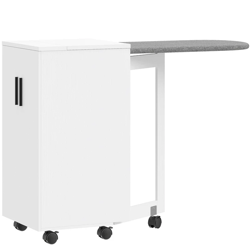 Mobile da Stiro Pieghevole 128x43x83 cm a Ruote con Mensola Regolabile e Chiusura Morbida in Legno e Tessuto Bianco