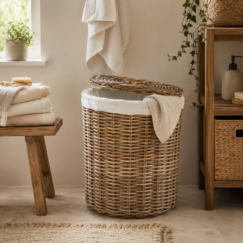 Cesto Portabiancheria in Fibra Naturale con Coperchio – Ø 45 x H 55 cm