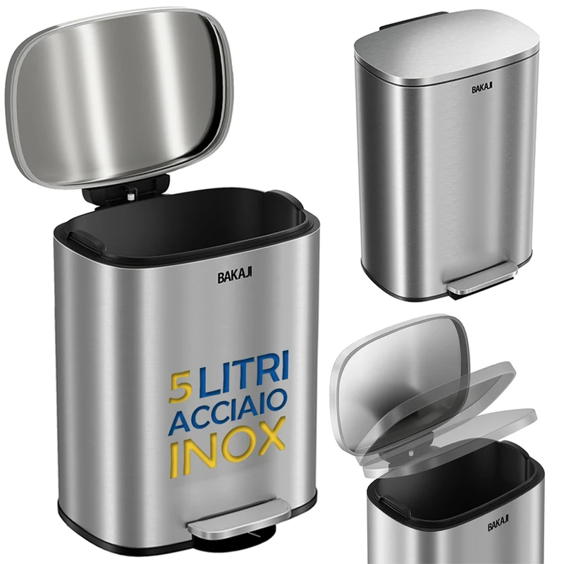 Pattumiera Rettangolare 21,5x20,5x30 cm Apertura a Pedale 5L Bidone Spazzatura in Acciaio Inox