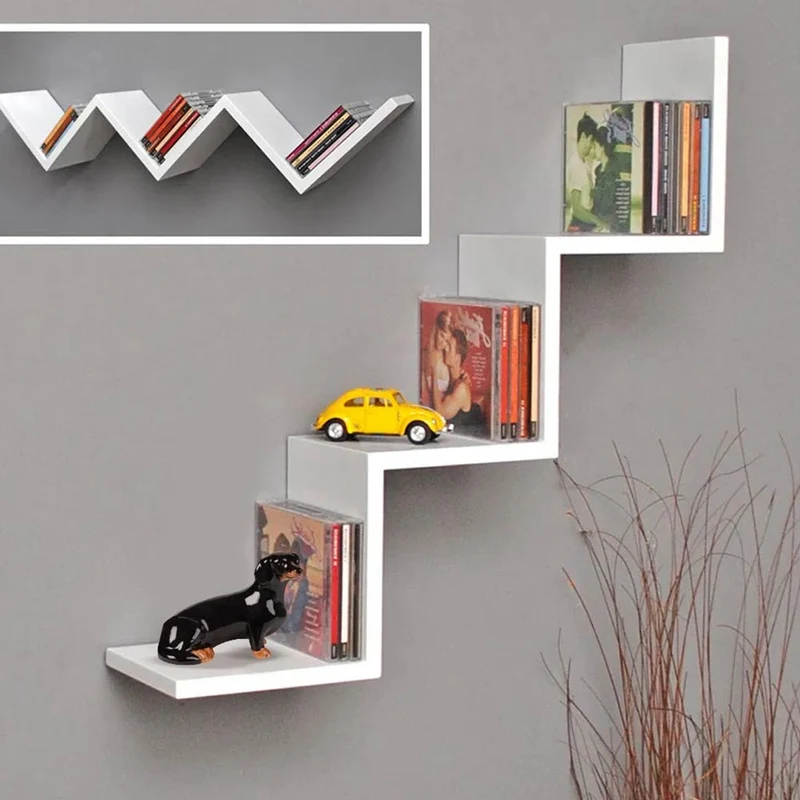 Mensola Parete Moderna Design Zig Zag 59x12x12 cm Scaffale 3 Ripiani in Melamina Bianco