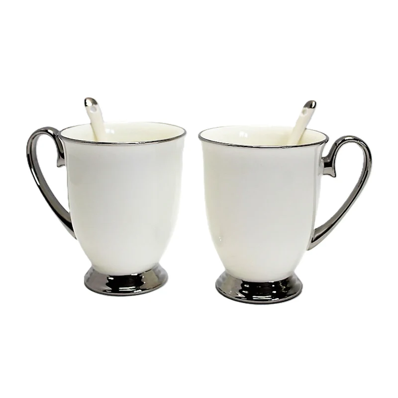 Tazze bianche 2pc Manici cromati, cucchiaini, Porcellana, Elegante, Queen Isabel