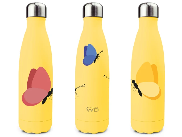 Bottiglia termica in acciao inox. Capacità 500 ml. Decoro farfalle.
