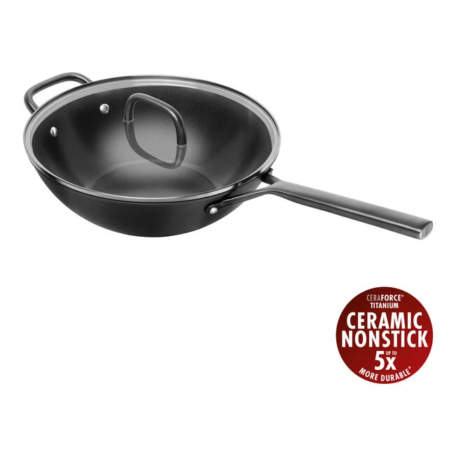 MILANO Wok in Alluminio con Coperchio - 30 cm, CERAFORCE Titanium