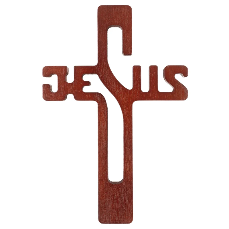 Croce pendente in legno con scritta JESUS, colore marrone 30x20x1,8cm