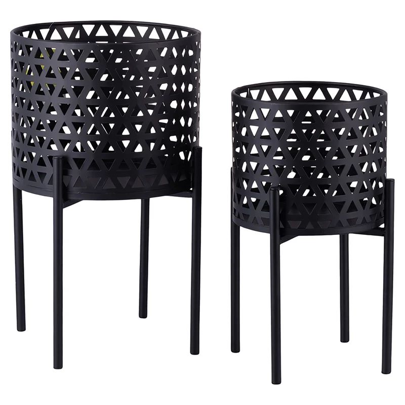 Set 2 Porta Vasi Ø20x36 cm e Ø25x43 cm con Piedistallo in Ferro Nero