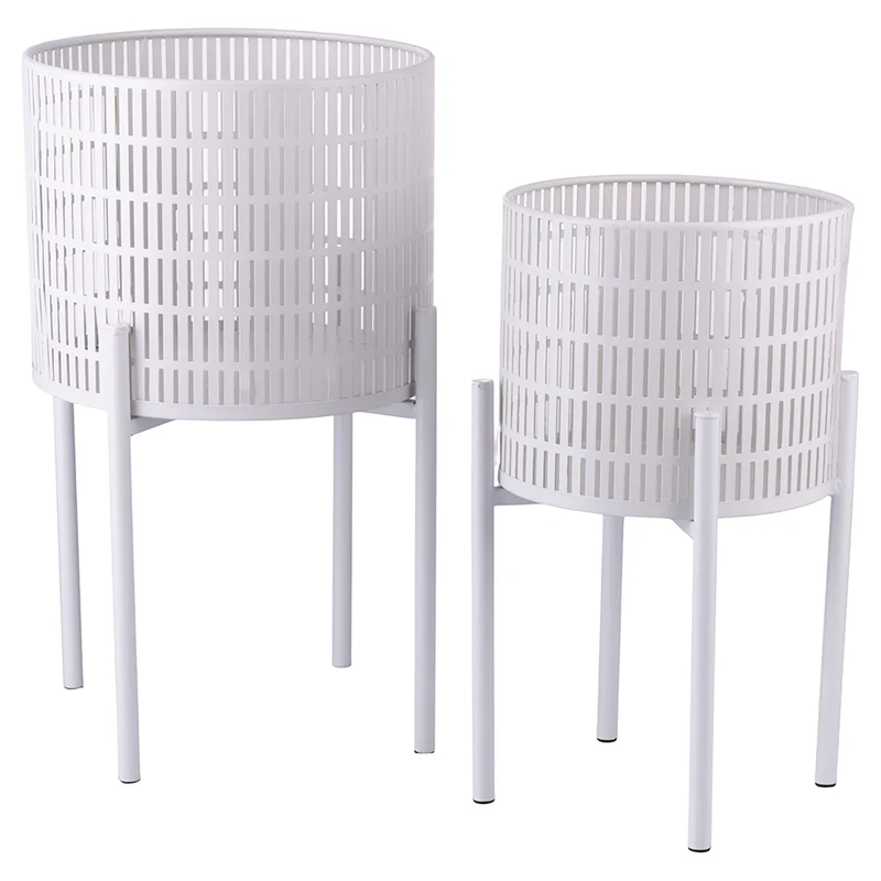 Set 2 Porta Vasi Ø20x36 cm e Ø25x43 cm con Piedistallo in Ferro Bianco