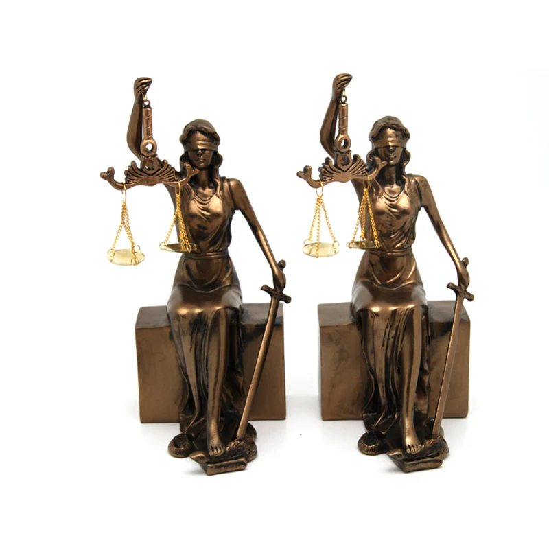 Statuette di Themis con bilancia e spada, poggia libri, Regina Isabella, 2 pezzi