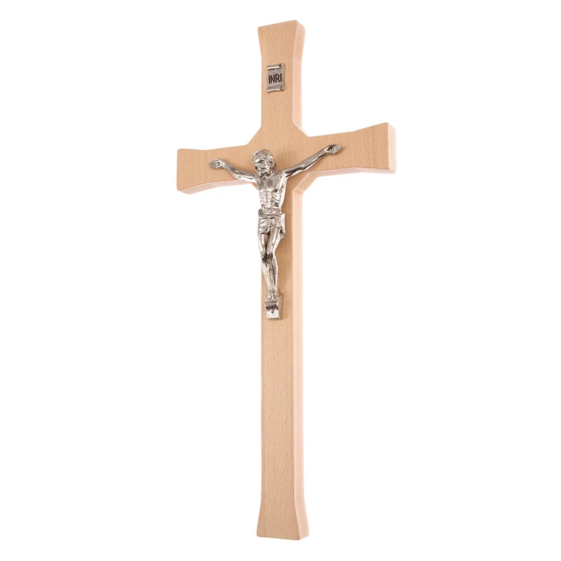 Croce classica di faggio da parete, colore naturale 30x14x1,8cm