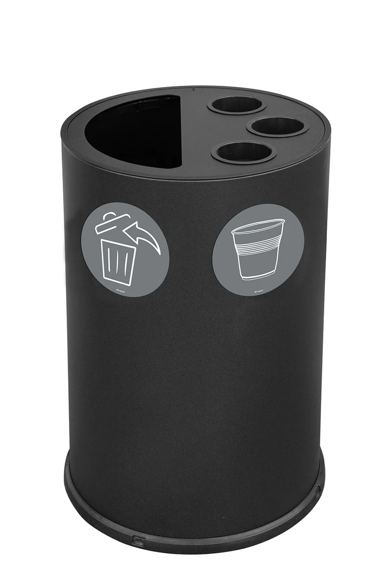 Pattumiera a Bidone per Raccolta Differenziata Ø45x72 cm 3 Scomparti Tubolari e 1 Scomparto da 50 L in Acciaio Verniciato Nero