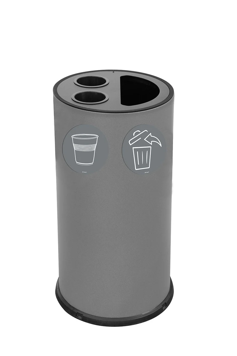 Pattumiera a Bidone per Raccolta Differenziata Ø35x72 cm 2 Scomparti Tubolari e 1 Scomparto da 35 L in Acciaio Verniciato Grigio