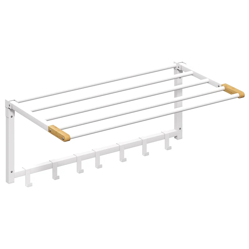 Portasciugamani a Parete Pieghevole 60x32,5x20 cm con 5 Barre e 6 Ganci in Legno e Acciaio Bianco